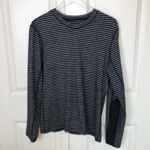 Lululemon Mens Medium Speed Long Sleeve Athletic Shirt Striped Rulu Gray Black